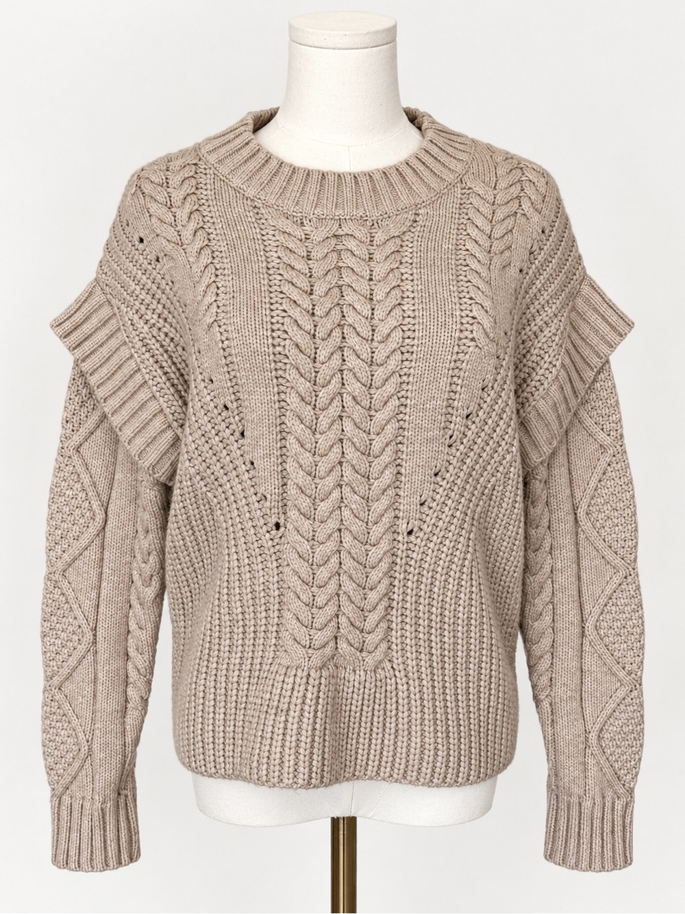 Jamison Cable Knit Ruffle Sweater XS Beige Taupe Layered Sleeve Chunky Knit
